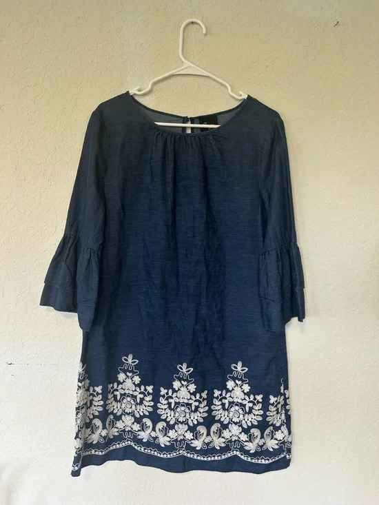 Denim Inspired Chambray Shift Dress White Floral Embroidered Tiered Bell Sleeves - Picture 1 of 8